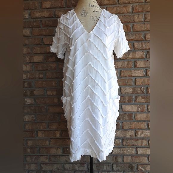 Porridge Clothing Anthropologie Marcelle Chevron Textured V-neck Shift Dress. - Picture 2 of 9